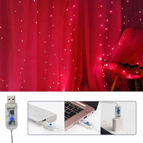Miniatura 9 de Guirnalda de 300 luces LED, luces colgantes para ventana, alimentadas por USB, 8 modos y temporizador, control remoto, luces de cobre regulables