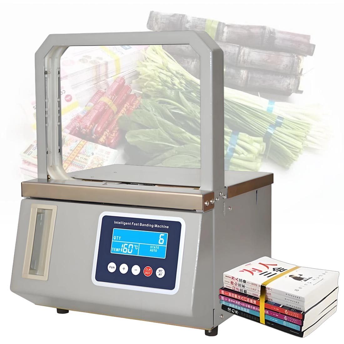 QianCruxtacy Electric Supermarket Vegetable Packing Machine, Automatic Strapping Hot Melt Tape Banding, Electric Bundling Machine, 1.5s Fast Bundling, Adjustable Tension 5-50N, for Retail & Warehouse