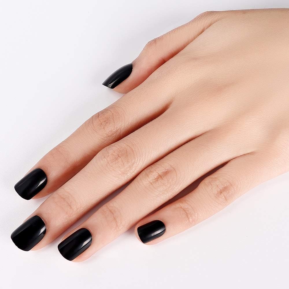 LIARTY 24 Pcs 12 Sizes Pre-glued False Nails Short Press on Style Black Full Cover Oval Fake Nail Art Tips