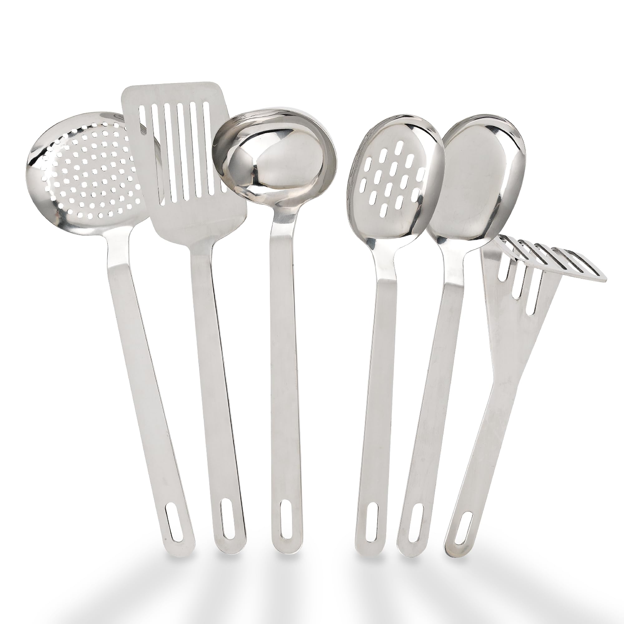 Better Houseware Küchenhelfer Set Edelstahl - 6-teiliges Edelstahl Kochutensilien - Kartoffelstampfer, Skimmergabel, massiver Löffel, Schlitzwender, perforierter Löffel, Saucenkelle