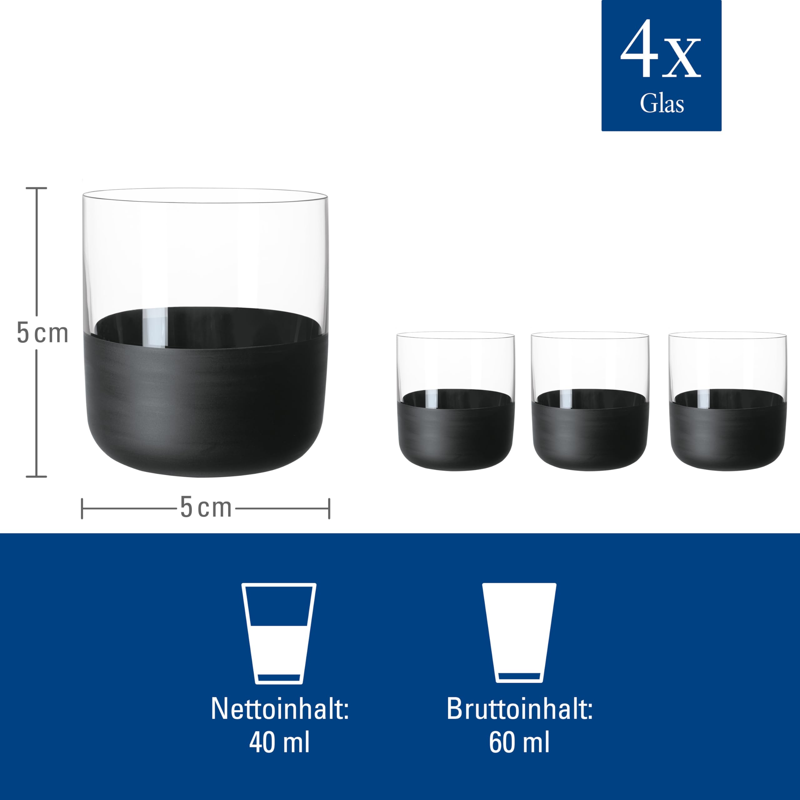 Villeroy & Boch - Manufacture Rock bicchierino da shot, bicchierino da liquore set da 4 pz., cristallo con fondo nero opaco, capacità 40 ml