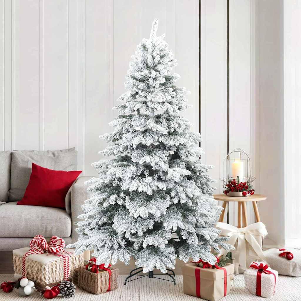 Moderno árbol de Navidad artificial plegable con nieve flocado blanco, 180 cm, PVC/PE para interior y exterior, base estable