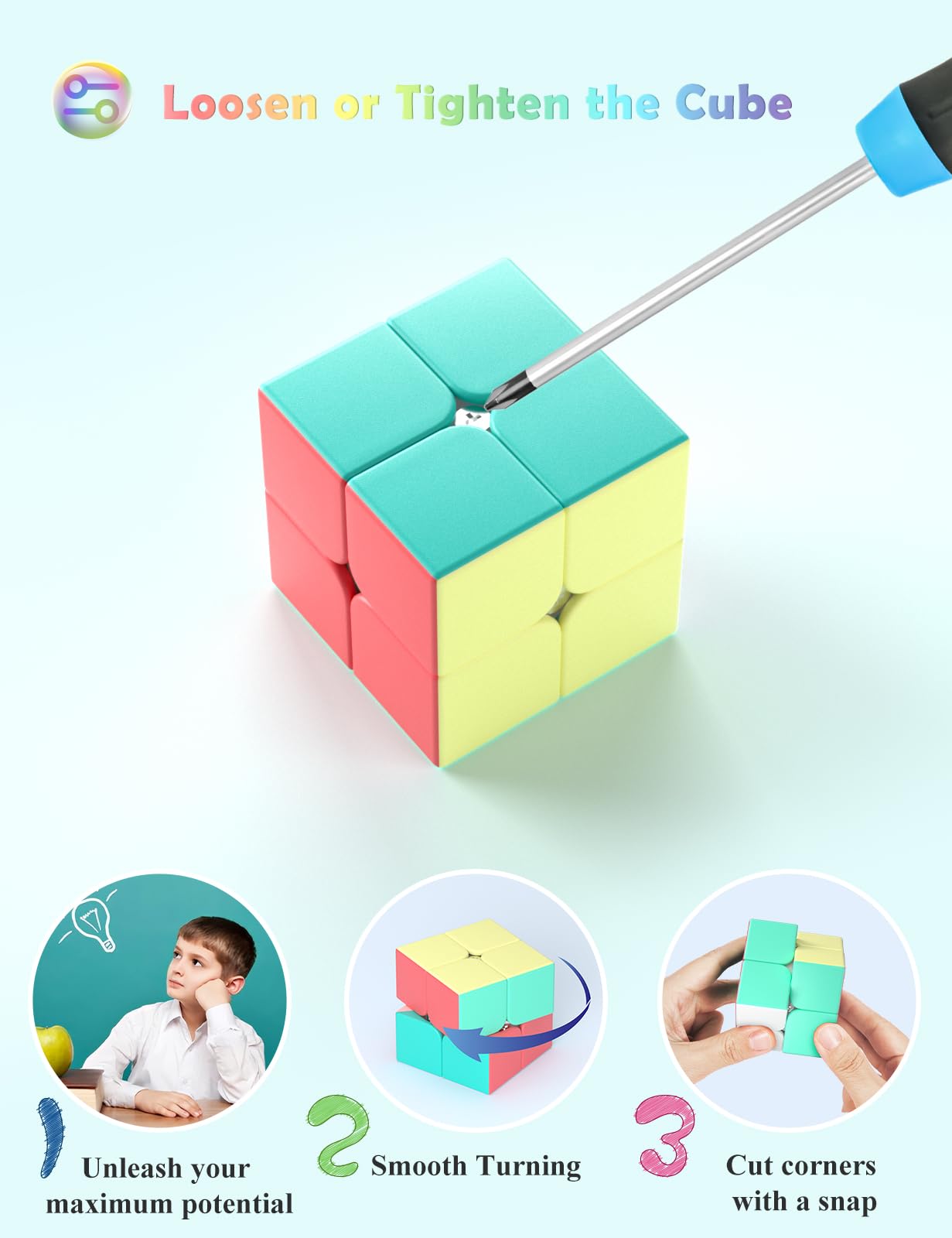 ROXENDA Cubo mágico 2x2, Juguete para Ejercicios de concentración y combinación, Speed Cube Stickerless con Macarons, Colores Vivos para niños y Adolescentes (2x2x2)