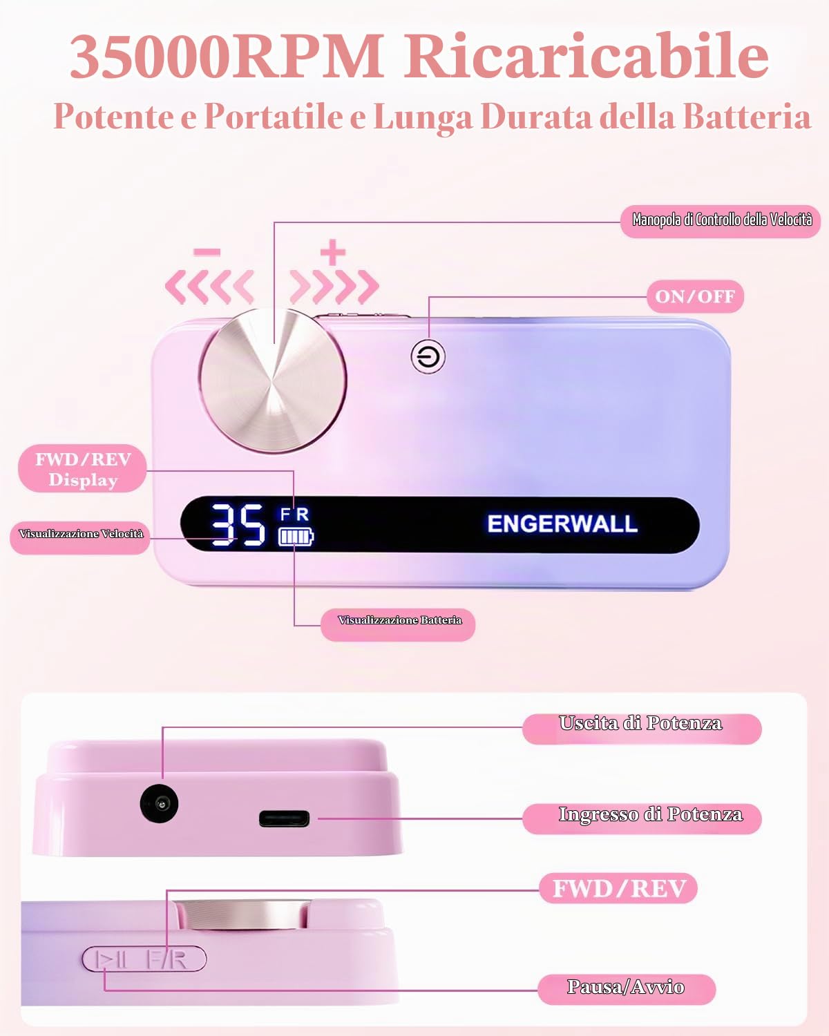 Fresa per Unghie Professionale 35000 Giri/min, Lima Elettrica Ricaricabile per Unghie Gel e Acrilico, Kit Manicure Pedicure Portatile Senza Fili con 7 Punte e 56 Nastri Abrasivi, Blu Rosa