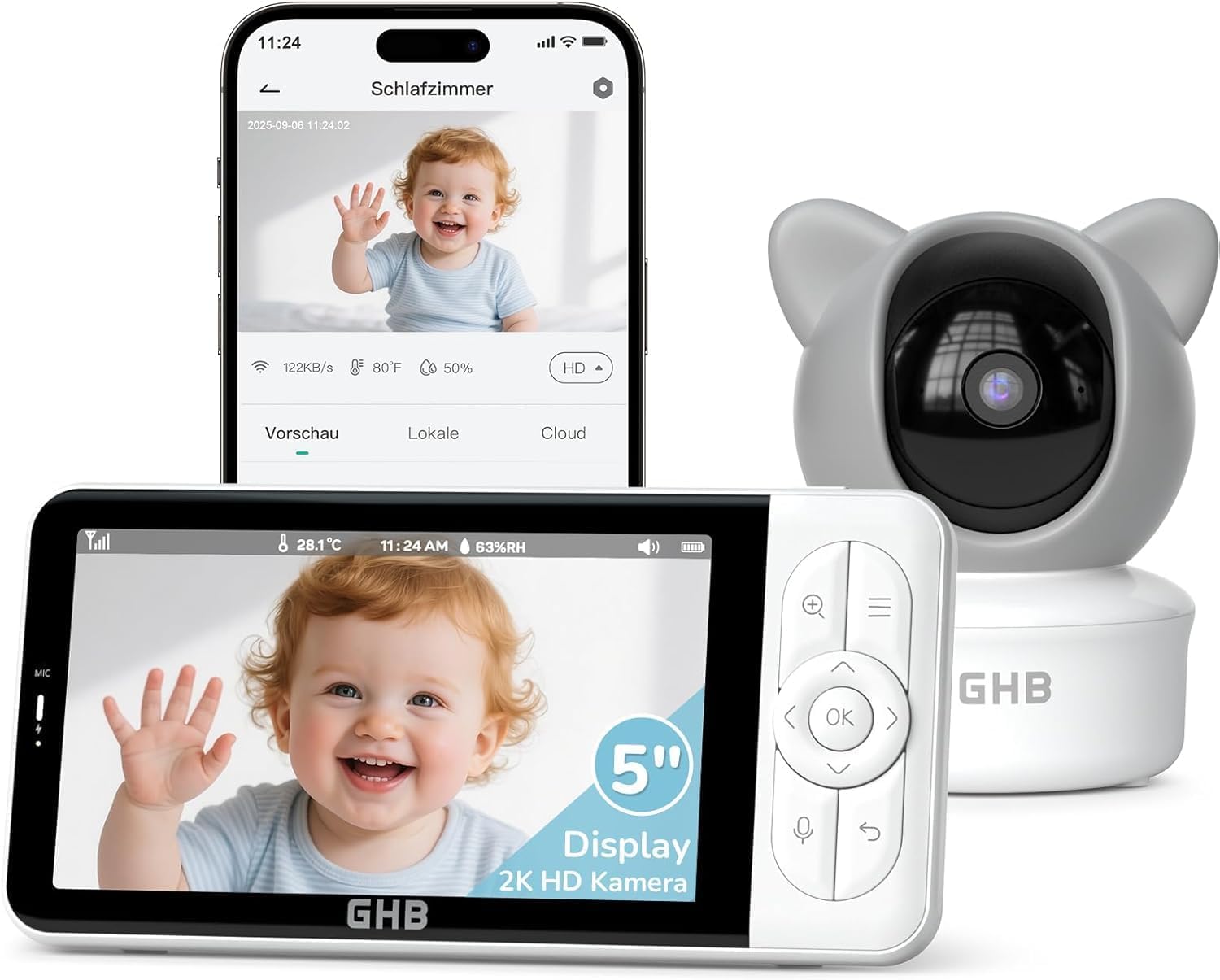 GHB Kamera monitorująca z aplikacją Wi-Fi, 2K, 5-calowy monitor PTZ z funkcją obrotu/pochylenia/detekcji ruchu 350°/65°
