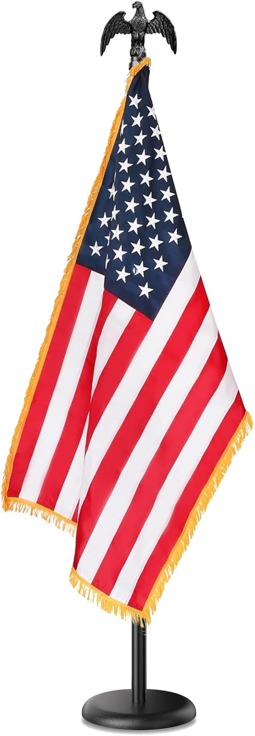 Indoor Flag Pole and Stand,8FT Flagpole Kit with Base Eagle Topper 3x5 FT USA Flag,Heavy Duty Indoor Flag Pole for City Hall/Businesses/Office/Auditorium/School/Home 8FT-1Pack