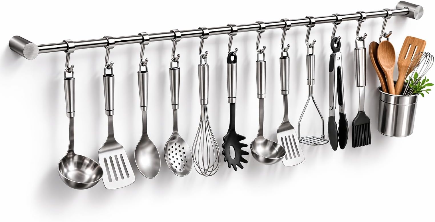 Stainless Steel Hanging Rail with 12 Removable Hooks – Heavy Duty Kitchen Utensil Rack, Wall Mounted Storage Bar for Pots, Pans, Mugs, Towels & Tools – Space Saving Organiser for Home & Office