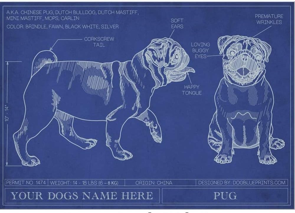 Pug Blueprint with Personalized Dog Name - Gift for Dog Lovers, Indoor Dog House Decor, Dog Gift, Artwork Print for Bedroom, Unframed Wall Art Poster 18x24