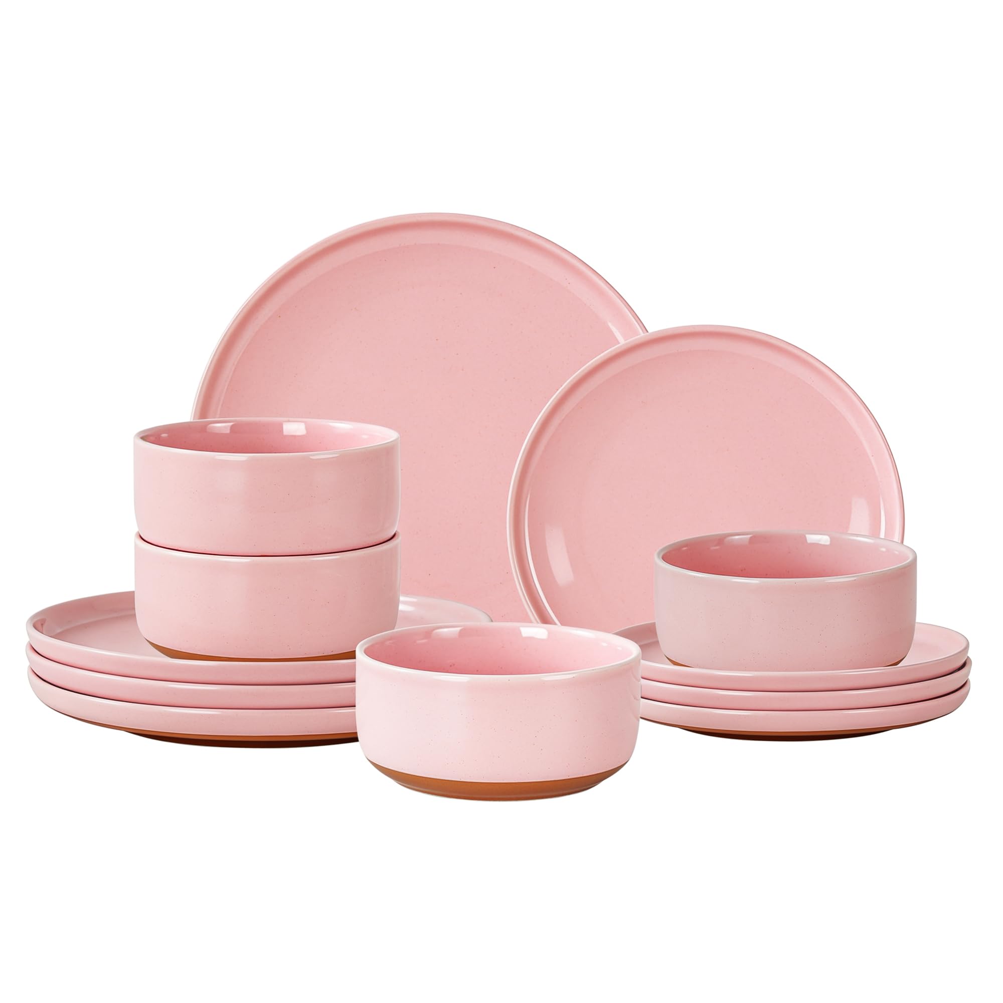 Modern Art Series - 12 Pcs Speckled Stoneware Plates and Bowls Sets, Ceramic Dinnerware Set with Rustic Terracotta Underside, Microwave and Dishwasher Safe Handcrafted Dishes Set - Blush Pink