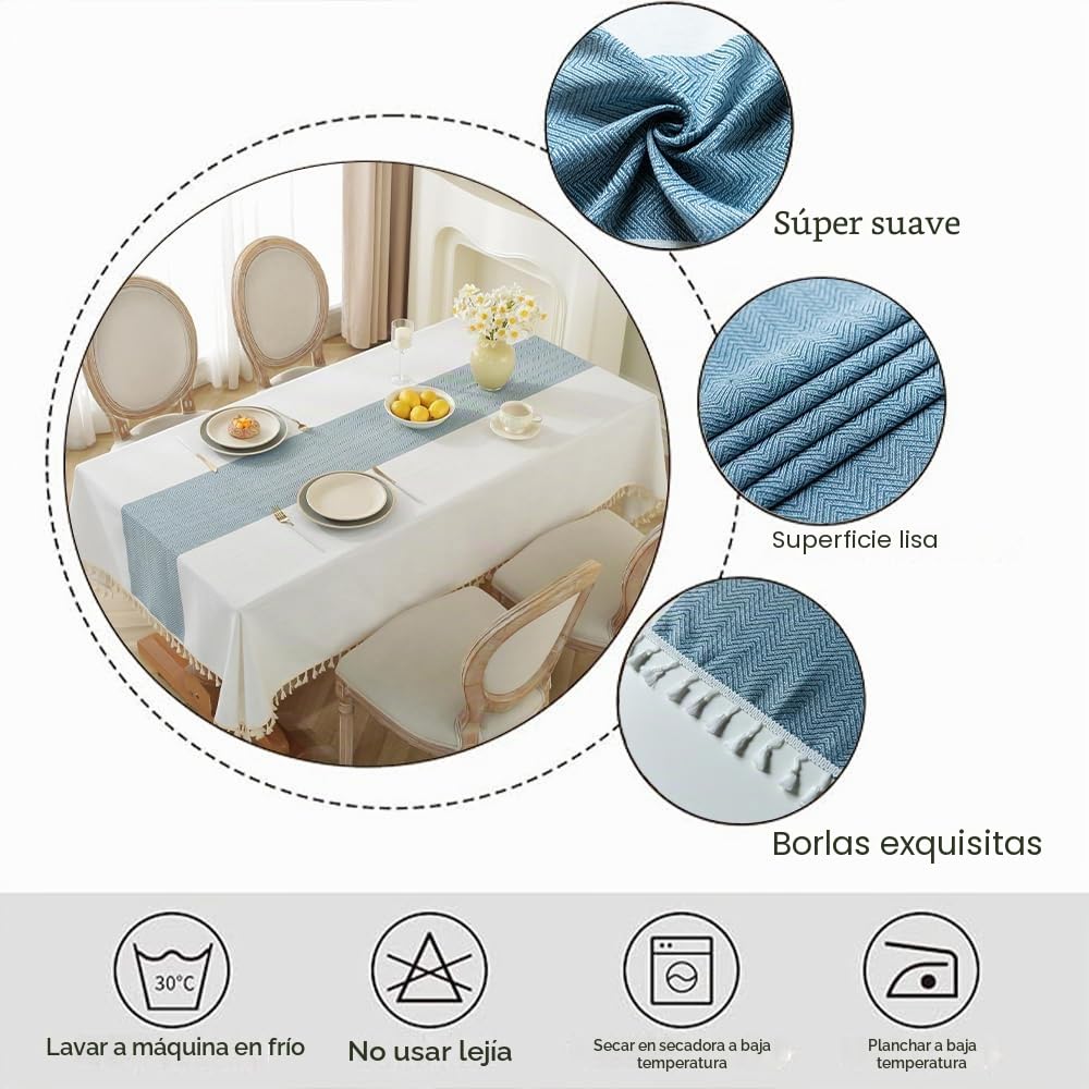 Mantel Mesa Rectangular Antimanchas Lino Algodon con Flecos Moderno Elegante Lavable para Comedor Cocina Uso Diario (Blanco,140x300cm)