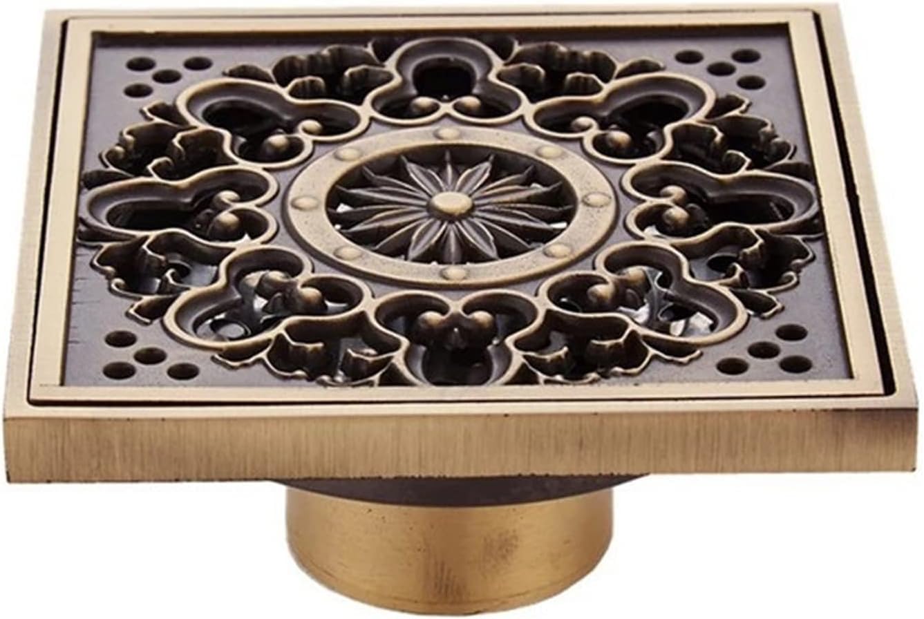 floor drain， Shower Drain Floor Cover Exquisitely Carved Antique Brass Square Waste Decorative Grate Drainer