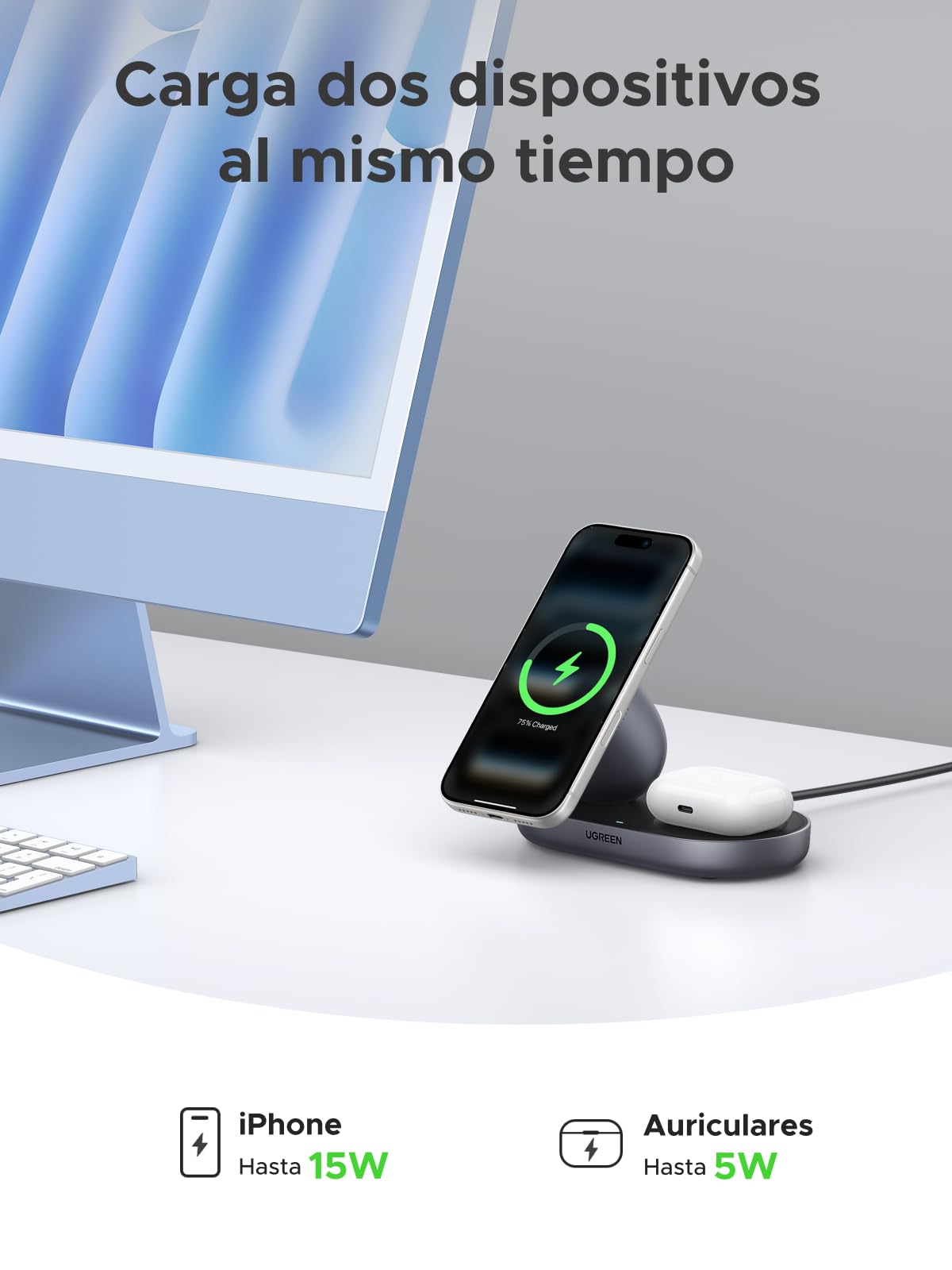 UGREEN Zapix Cargador Inalámbrico iPhone Magsafe Certificación Qi2 15W Compatible con iPhone 17 16 15 14 13 12 Pro MAX Air Plus AirPods, 2 en 1 Base de Carga sem Fios Magnética (Negro)