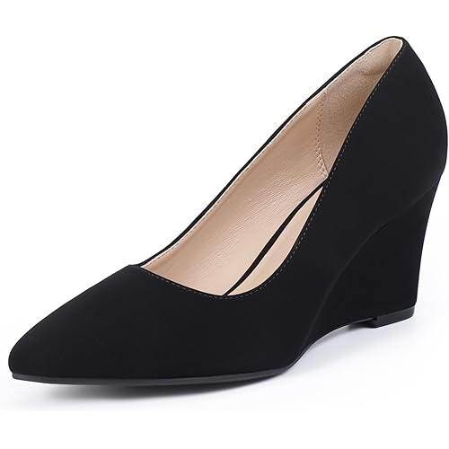 IDIFU IN3 Wedges for Women Closed Toe Pumps Low Heel Pointed Toe Work Wedding Bridal Office Formal Business Dress Casual Dressy Comfortable Trendy Fashion Shoes