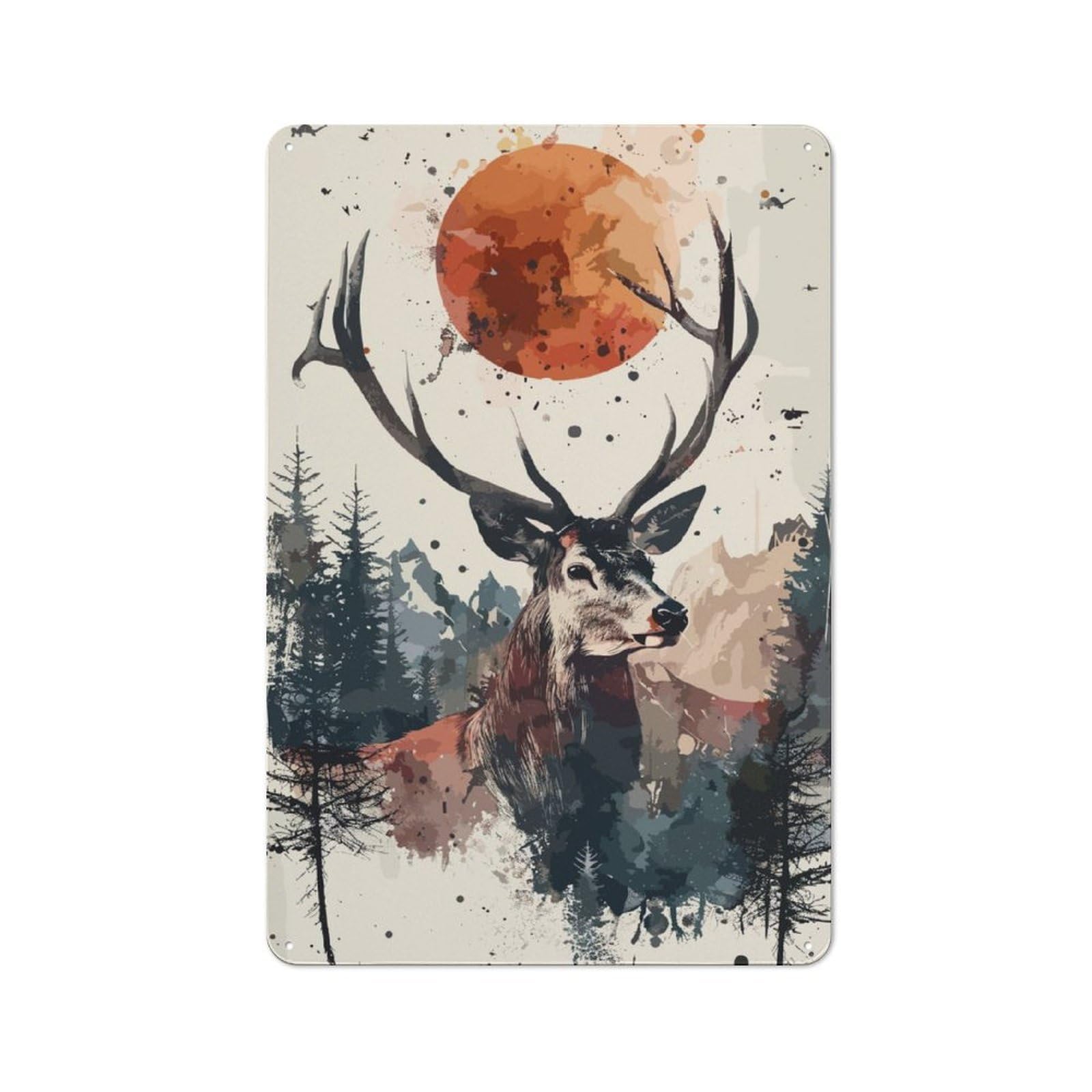 Junmoney Deer Forest Sun Watercolor Retro Metal Wall Sign 30X20cm With For Bar Or Restaurant, Gift Idea For A New Home And Metal Sign Collection