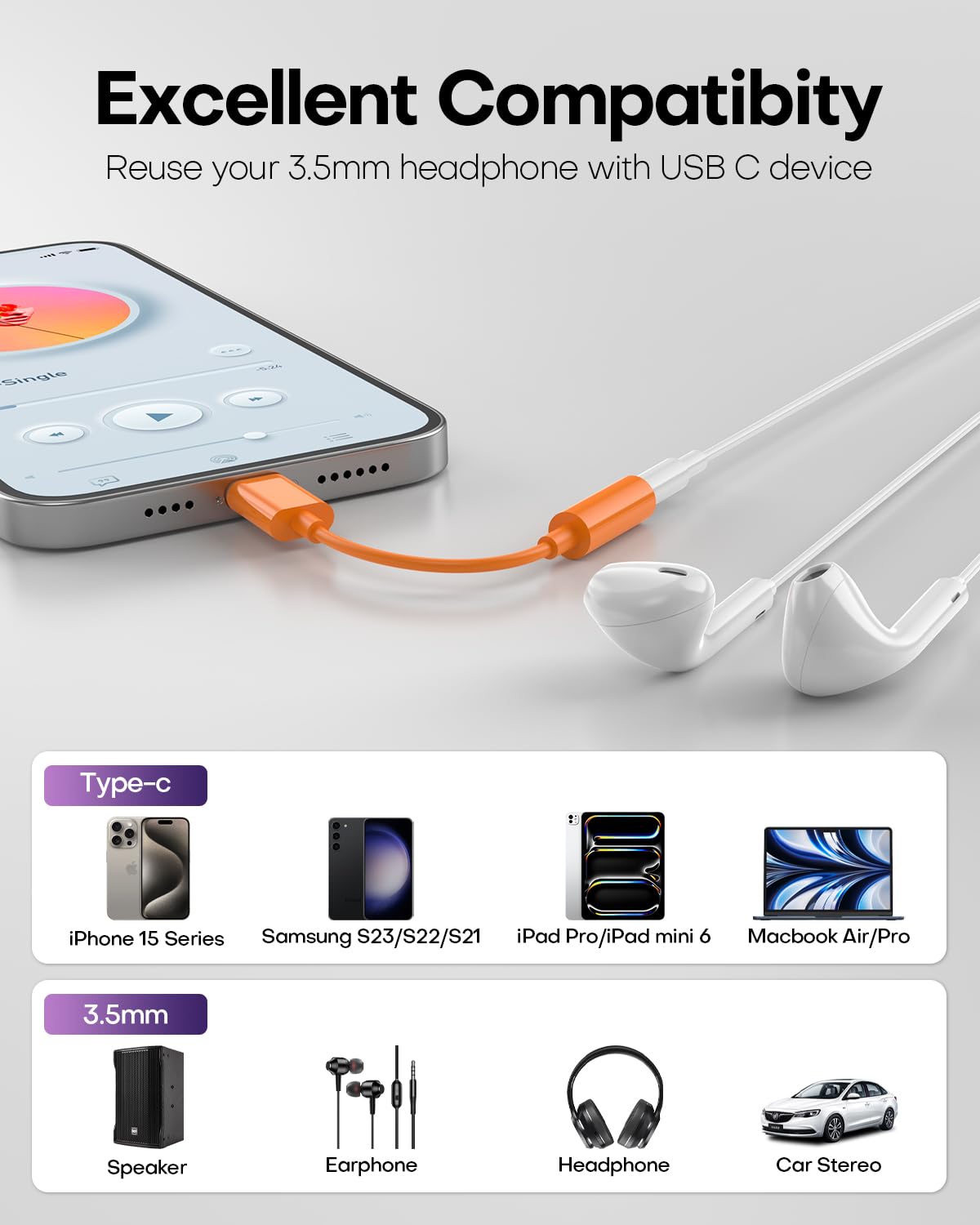 USB C auf 3.5mm Audio Kopfhörer Klinke Adapter (2 Pack), Aux zu USB C Dongle Kabel kompatibel mit iPhone 17/16/15, iPad Pro, Samsung Galaxy S25 S24 S23 Ultra/Google Pixel - Orange
