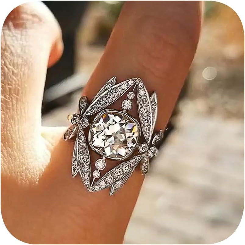 925 Plated Silver Shiny Full Diamond Gemstone Ring for Women's Cubic Zirconia Gemstone Birthstone CZ Diamond Multi Row Ring Eternity Engagement Wedding Band Rings for Women Size 8#