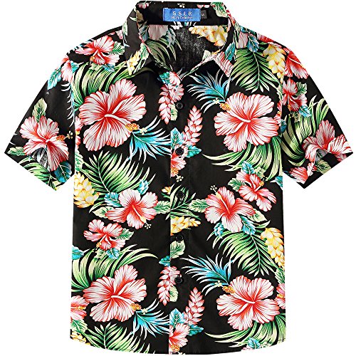 SSLR Bambini e Ragazzi Camicie Hawaiana Button Down Casual Cotone Stile Ibischi Floreale (Medium (9-11Anni), Nero)