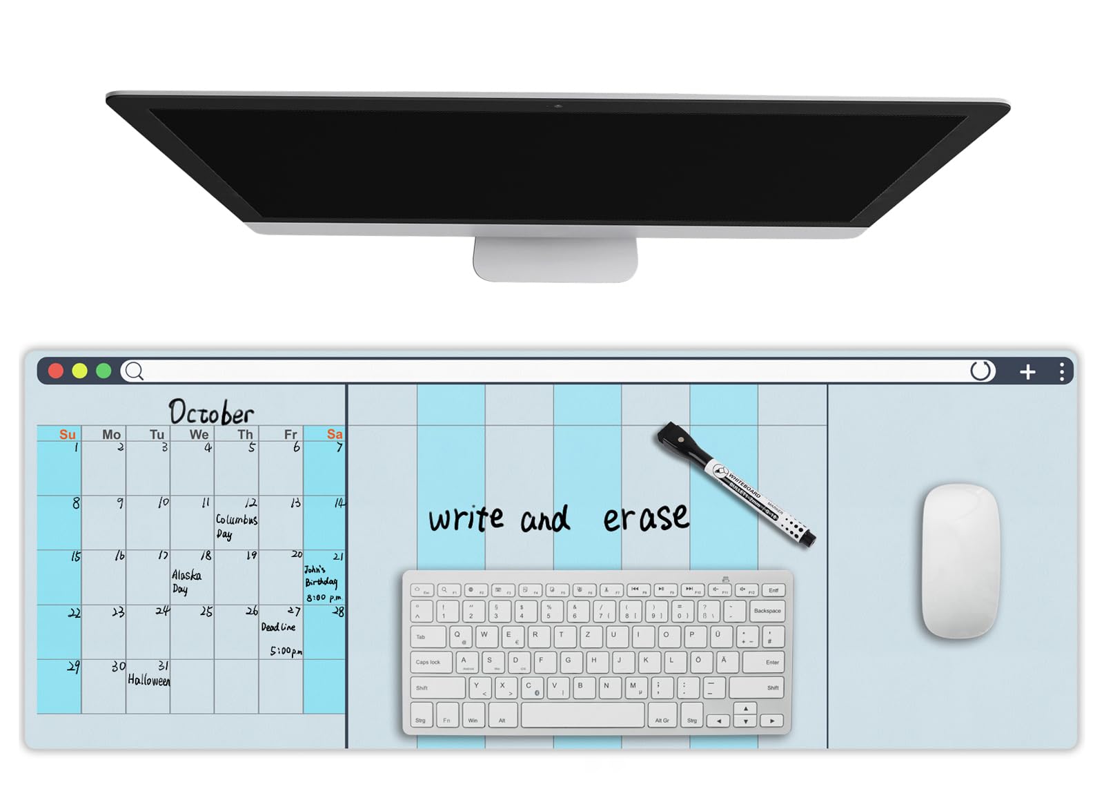 Rcidos Multi-Functional Desk Mat, Mouse Pad, File Folder, Calendar, Writing White Board, Dual-Sided Leather Desk Protector with Erasable Marker for Home School Office Using