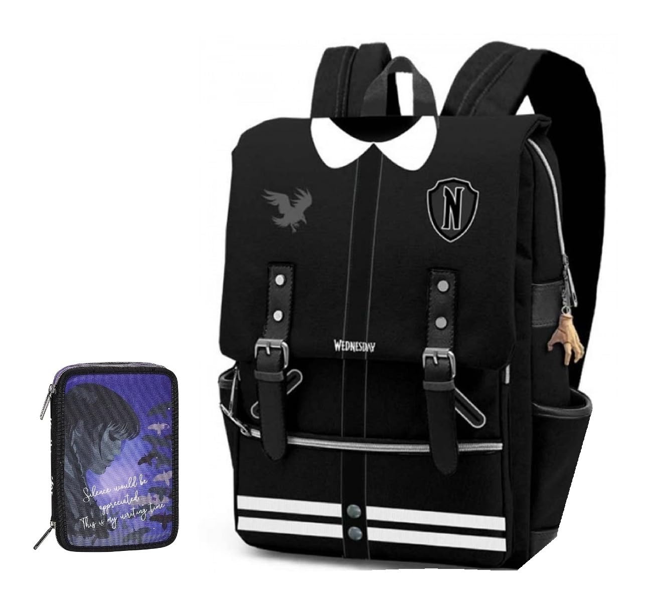 PRESTIGE & DELUXE Schulrucksack Mittwoch Karactermania Wednesday Oxford 40 cm + Federmäppchen 3 Fächer komplett + 7 Stifte zum Aufstecken und Schlüsselanhänger Mittwoch, mehrfarbig, media, Klassisch
