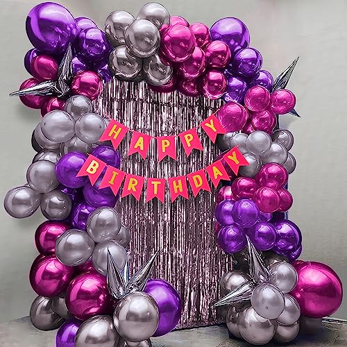 Image of Just Party Set of 60 Pcs - 15 Pink 15 Silver & 15 Purple Metallic Balloons, Pink Happy Birthday Banner, 2 Silver Curtains Theme Backdrop