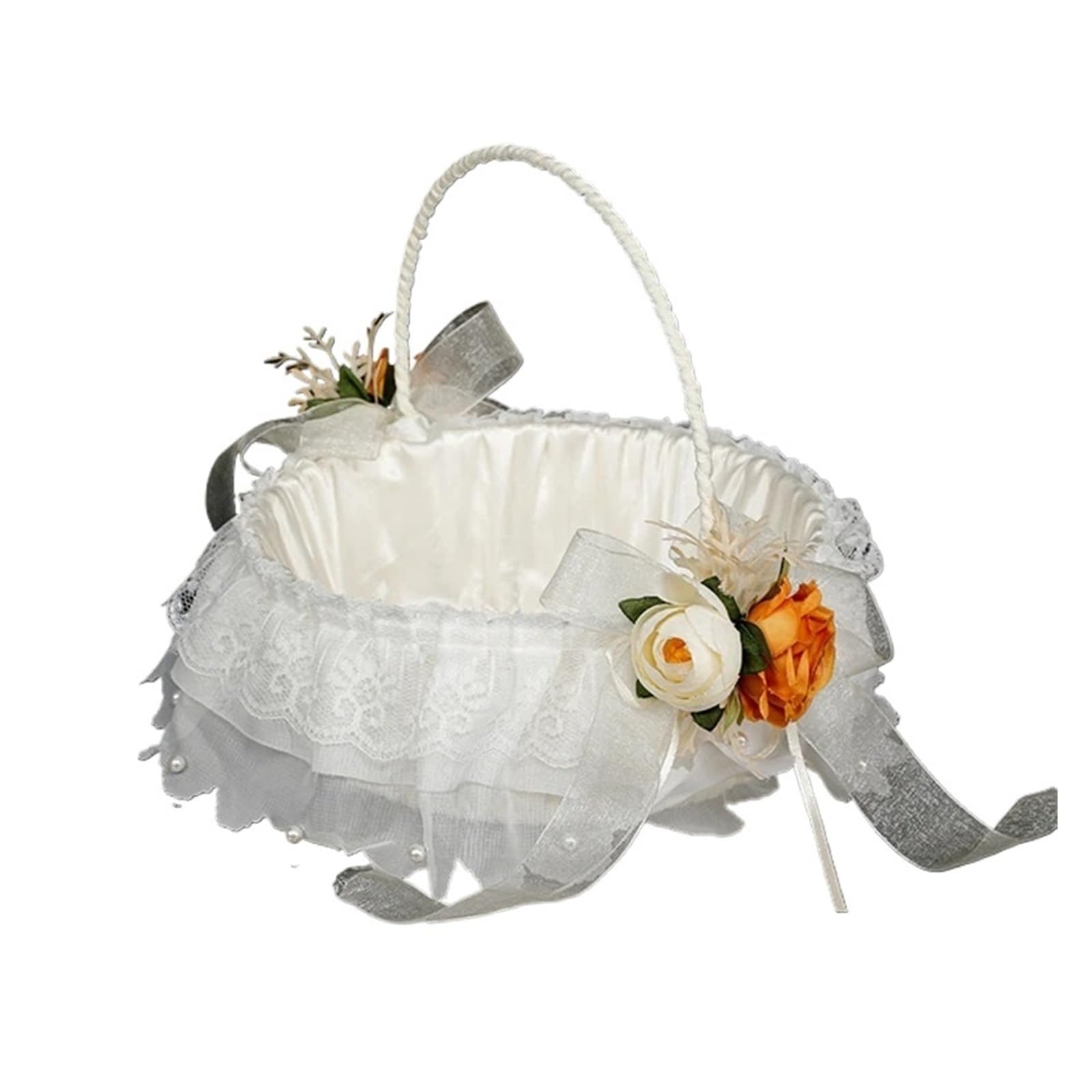 Wedding Petal Confetti Basket, White Lace Flower Basket for Wedding Ceremony Hand Held Decoration(White1)