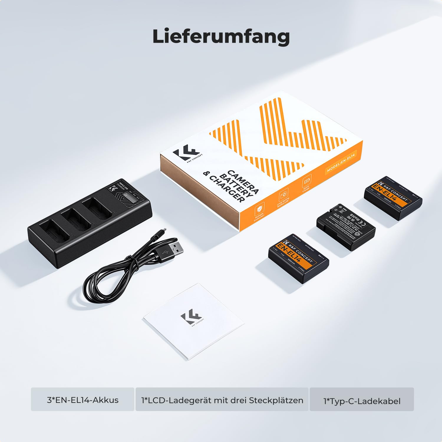 K&F CONCEPT 3er-Pack EN-EL14 EN -EL14a Akku und Upgrade-LCD-Ladegerät Kompatibel mit Nikon D5300 D5600 D5100 D5200 D5500 D3100 D3200 D3300 D3400 D3500 Coolpix P7000 P7100 P7200 P7700 P7800 Kameras