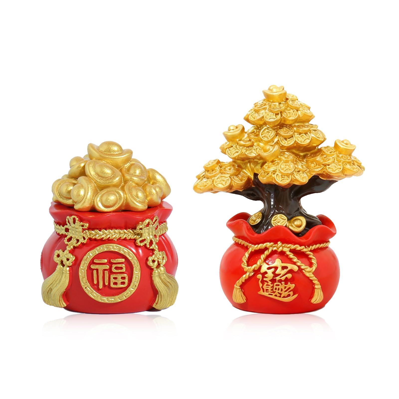 DIFEIUKI 2026年 新年飾り 招財樹 福袋 置き物 2点セット 中華風 ミニ 置物 金運祈願 招福 開運 商売繁盛祈願 風水アイテム 玄関 デスクトップ 卓上 装飾 開店祝い 新年祝い お正月 中国 春節 旧正月装飾 贈り物