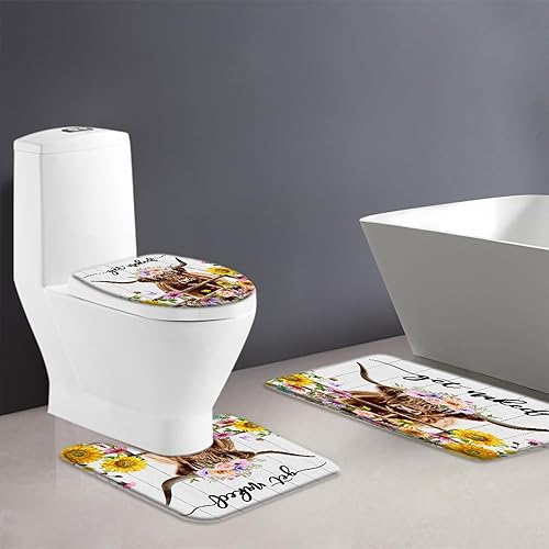 Miniatura 6 de Juego de 3 alfombrillas de baño de vaca de las tierras altas de granja con diseño de animales de granja divertidos del oeste, retrato de toro largo,