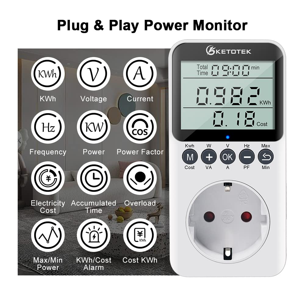 KETOTEK Medidor de Consumo Electrico, Enchufe Medidor de Energía con Pantalla LCD, Reteción de Datos Medidor de Costo de Electricidad 3680W Protección contra Sobrecarga