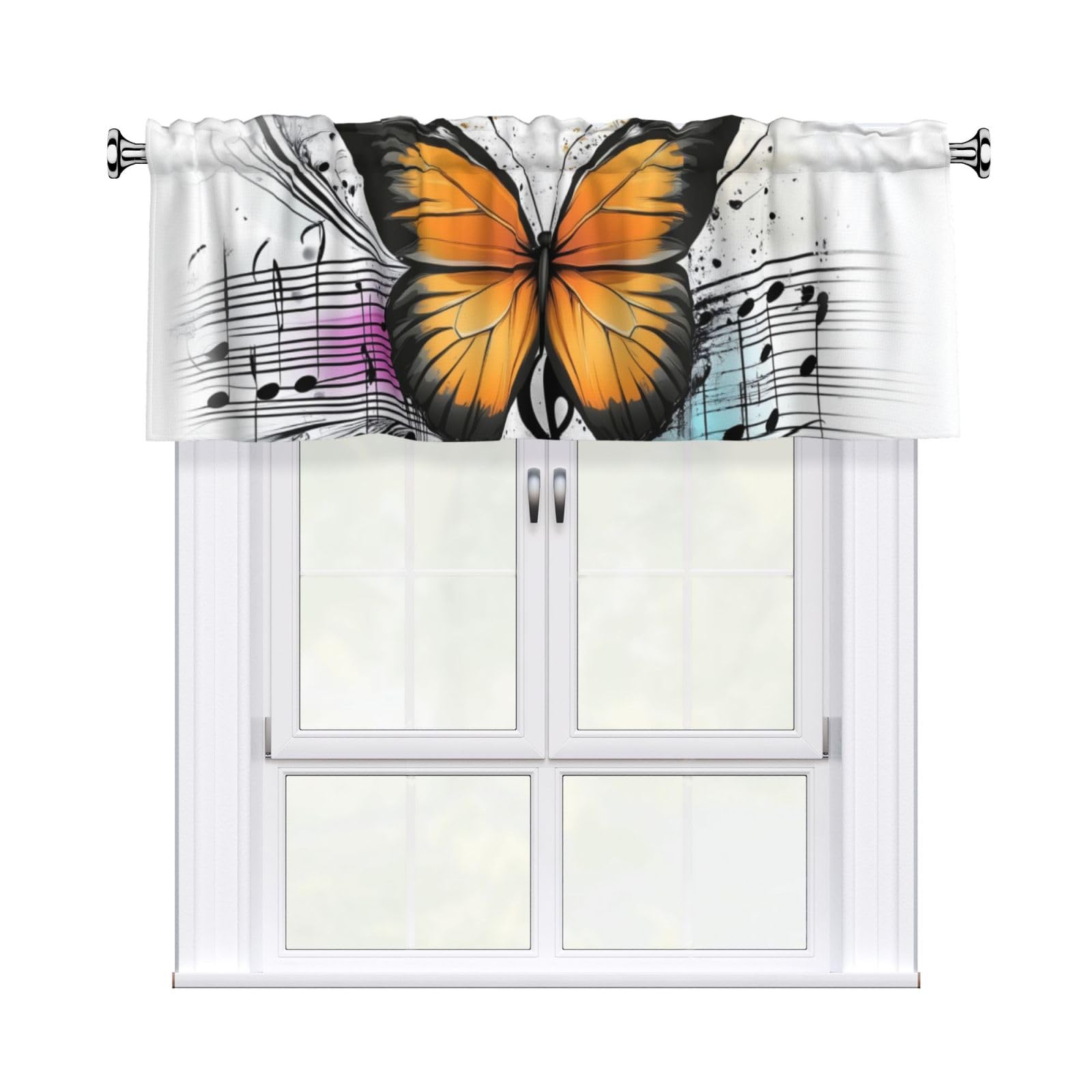 Mexpekil Short Rod Pocket Curtain Valance, Yellow Butterfly Musical Note Vector Illustration Window Treatment for Kitchen Bedroom Bathroom, 1 Panel, 54" W x 18" L