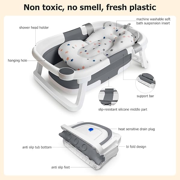 Baignoire Bebe Pliable Coussin Support Beignoire Bébé Pliante Pour Bain Douche Begnoire Enfant Reducteur Siège Hamac Bassine Réducteur Antiderapant Bouchon Confort Voyage 0-3 ans sur Pied Bathtub Gris - 5