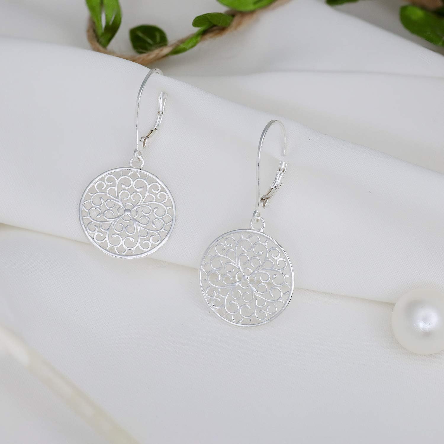 Sterling silver circle filigree leverback dangle earrings for women, 1.49" - Image 5