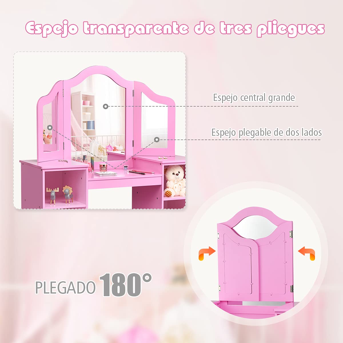 COSTWAY Tocador para Niñas con Compartimentos Abiertos Escritorio con Espejo Extraíble Mueble de MDF Estantería para Libro Juguete Almacenameitno (Rosa)