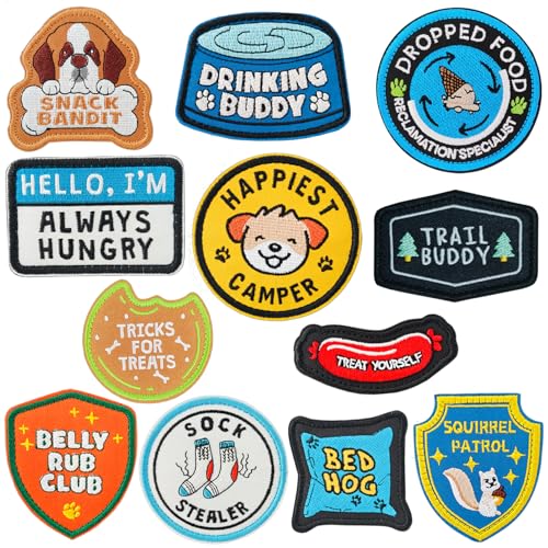 12 Pieces Dog Patches, Hook and Loop Funny Cute Dog Patches for Harness Removable Vest Collar
