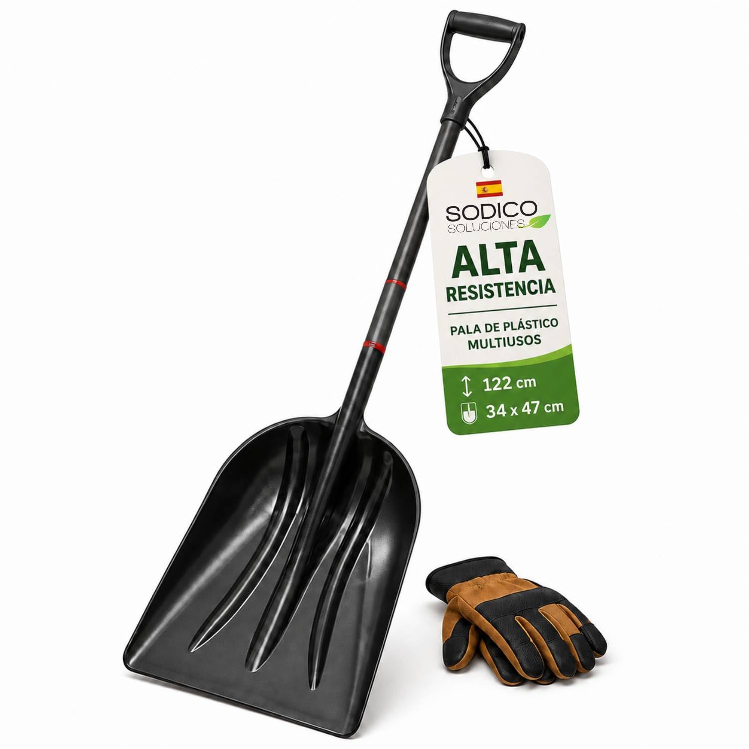 Pala de Plástico Grande para Jardín 120 cm - Cabezal 34 x 47 cm - Mango de Acero Forrado en PVC y Agarre en D, Pala Multiusos para Hojas, Tierra, Terraza y Nieve - Color Negro (Acero aleado)