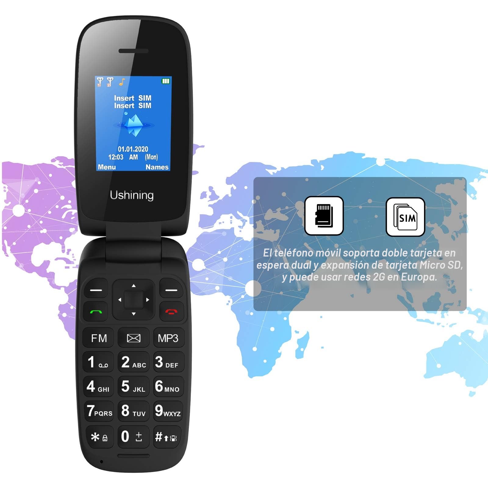 Teléfono Móvil de Tapa para Mayores Botones y Teclas Grandes Fácil de Usar Batería de Larga Duración Botón SOS Negro