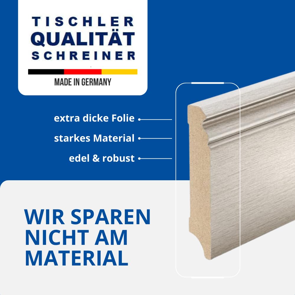 REESE | Sockelleisten | MDF Edelstahl Optik | Hamburger/Berliner Profil | 100mm - 15 Stück / 34,5lfm