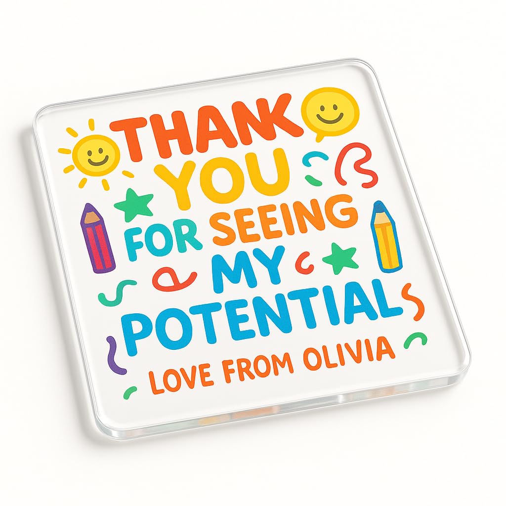 The Plum Penguin Grateful Whimsy Personalised Thank You Teacher Gift Acrylic Coaster Gift With Joyful Teacher Appreciation Design - Whimsical Gratitude From Pupil To Teacher