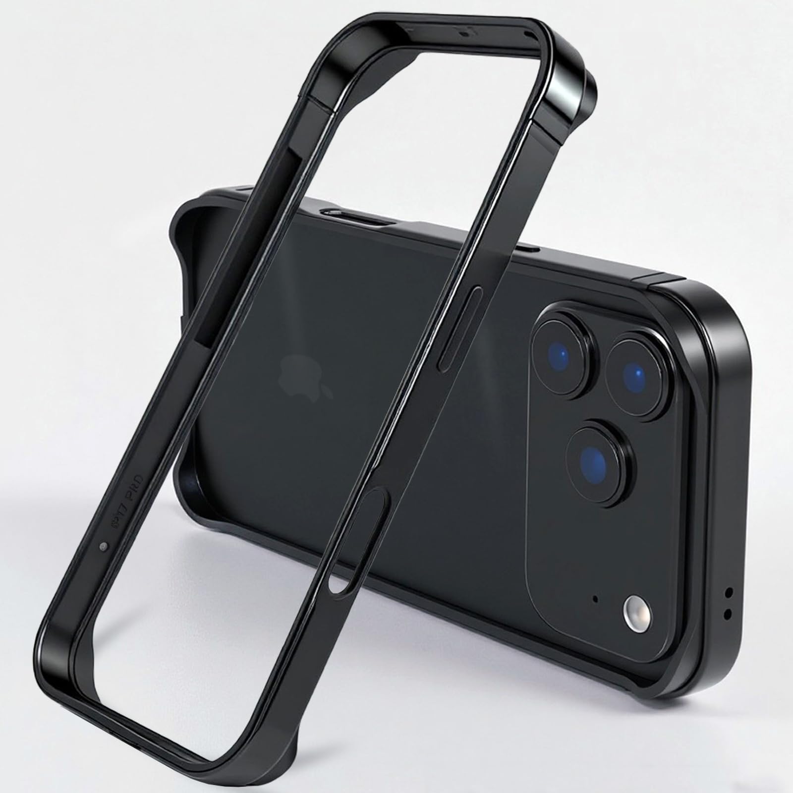 Funda con Marco Metálico para iPhone 17 Pro Max/17 Pro, Parachoques a Prueba de Caídas con Esquinas Elevadas y Disipación de Calor, sin Placa Trasera.-Black||17 Pro
