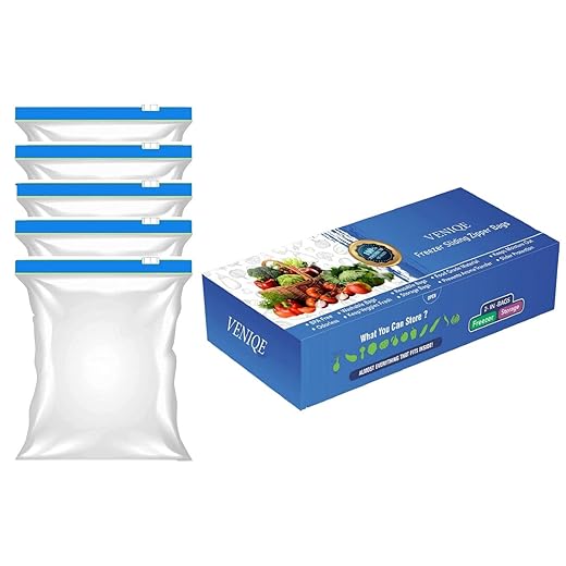 VENIQE ziplock Pouch Bags with Expandable Bottom, Zipper Bag Cover Storage Seal Freezer Food Storage Bags (5 Bags in 1 Box) Microwave Safe, Re-usable, Washable, Fridge,Transparent & BPA Free(p-9658)