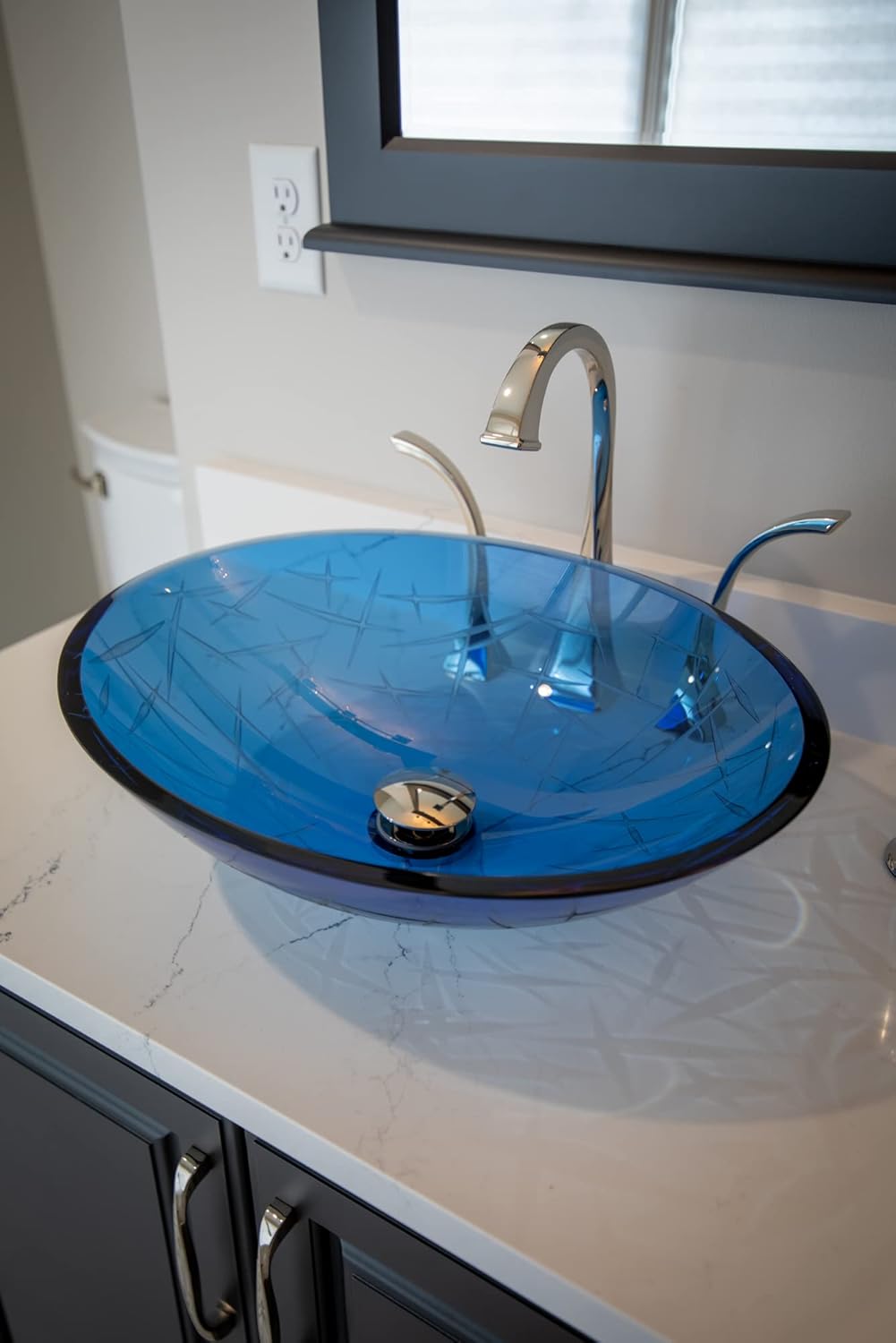 Eden Bath Blue Crystal Cut Oval Glass Sink Bowl Bathroom Vessel Sink for Vanity Top