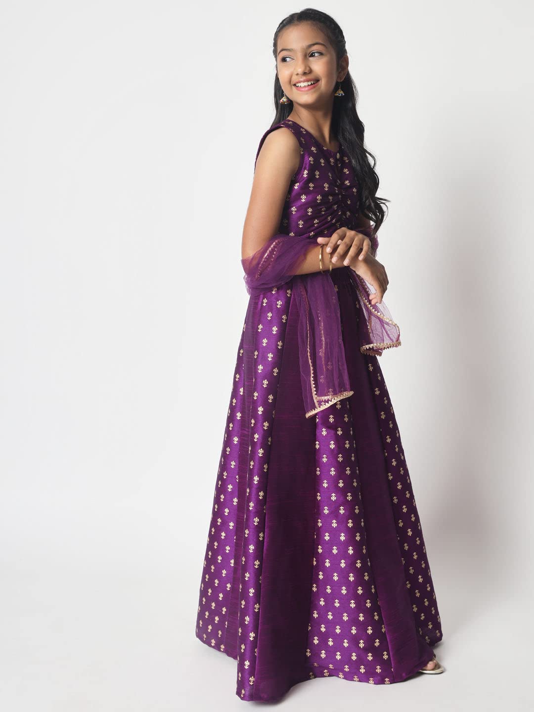 studio rasa Girls Dupion Block Printed Kalidaar Kids Lehenga Set for Wedding Festive Party (GLC12302/15-16_Purple_15-16yrs) 1