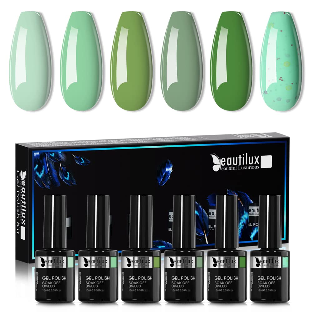 Beautilux Esmalte de uñas en gel semipermanente de 6 colores, juego de gel UV, salón francés, juego de regalo, remojo de manicura, kit de decoración de uñas, 10 ml (serie verde claro)