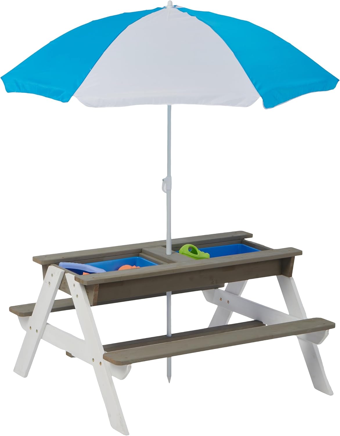 Kids Picnic Table with Umbrella and Sand Water Play Area, Gray and White Wood Design, Outdoor Activity Set
