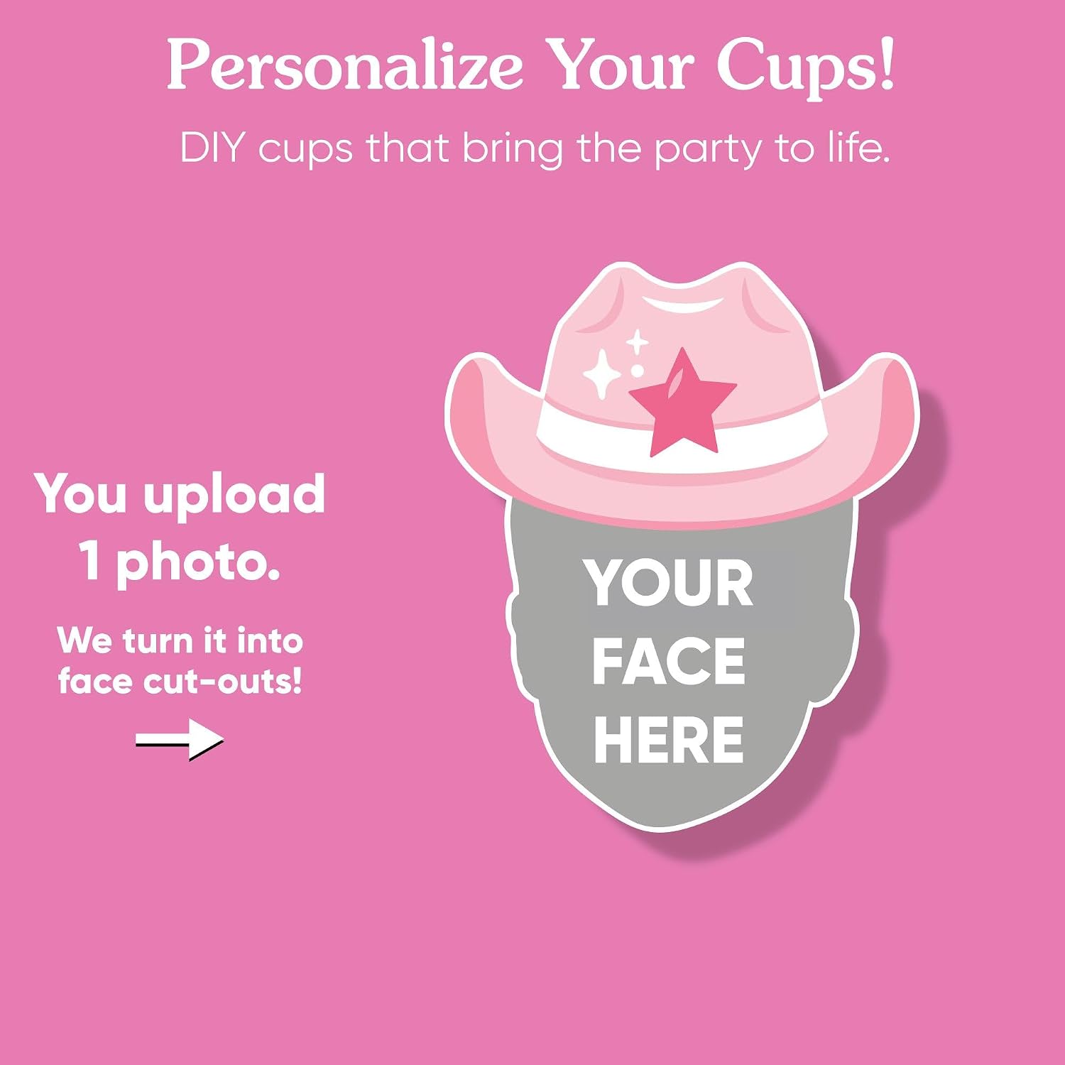 Big Dot of Happiness Custom Rodeo Cowgirl Cups, 16oz Disposable Drinkware, Pink Western Party Table Decor, Custom Party Cups (Pink) & Personalized Photo Face Cutout Stickers - 16 Pack