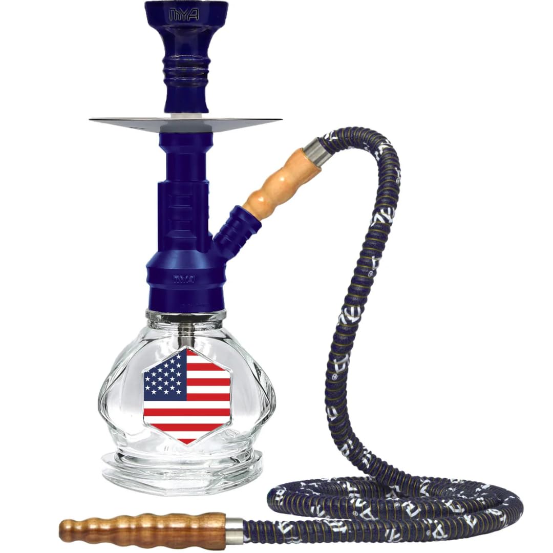 MYA GOLAZO Hookah with Flag Design Blue Stem Glass Base with Wooden Handle Leather Hose and Metal Plate