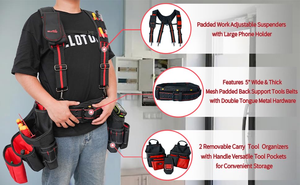 Image of MELOTOUGH Pro Framer Combo System-Tool Belt Suspenders Tool Pouch Build Heavy Duty Carpenter Tool Belt and Multi Function （red)
