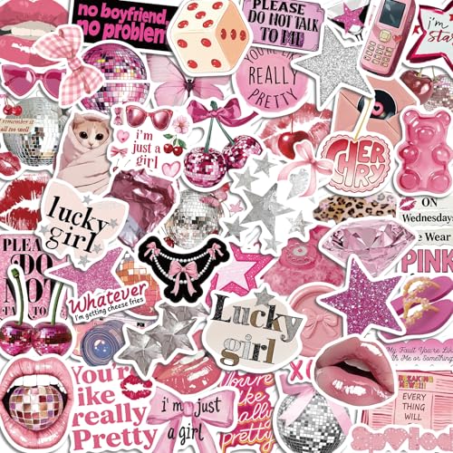 105PCS Pink Aesthetic Stickers Pink and Silver Cute Sticker Coquette Bow Sticker Girly Theme Decorative Vinyl Stickers Pack
