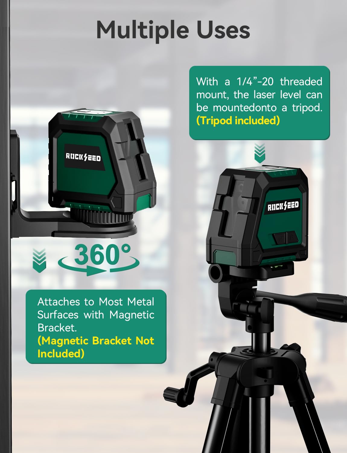RockSeed Livella Laser a Doppio Modulo con 1,2m Treppiede,Livella a Linea Autolivellante, Raggio Verde Orizzontale e Verticale a 150°, 2 Batterie AA, per la Decorazione Domestica/fai da te/Cantiere