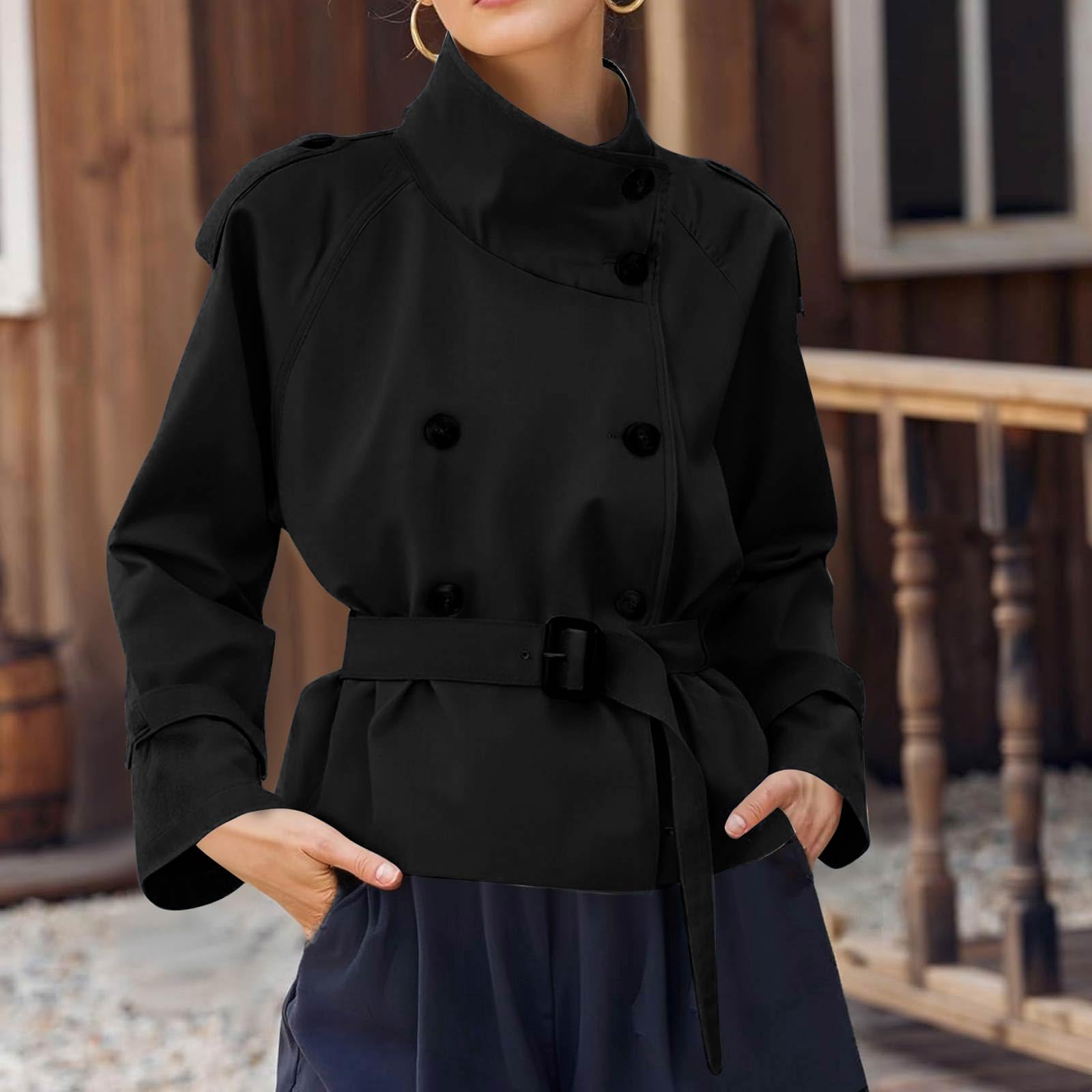 FUPODD Kurzmantel Damen Winter Leicht Trenchcoat Damen Kurz Übergang Mantel Zweireihig Mit Gürtel Trench Coat Stehkragen Windjacke Elegant Übergangsjacke Einfarbig Herbstjacke Casual Jacke Knöpfen